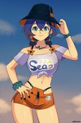 1girl absurdres bare_shoulders belle_(zenless_zone_zero) black_hat blue_eyes breasts cowboy_shot green_eyes hat highres medium_breasts midriff navel off-shoulder_shirt off_shoulder orange_shorts shirt shorts smgold solo tied_shirt white_shirt zenless_zone_zero