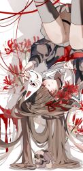 1girl black_hair black_ribbon black_shirt black_skirt black_thighhighs blood chisa_(wuthering_waves) commentary_request flower fox_mask gemini_(moonsage) hair_ribbon highres holding holding_mask light_blush long_hair long_sleeves mask neckerchief parted_lips red_eyes red_neckerchief ribbon sailor_collar shirt skirt skull solo spider_lily thigh_strap thighhighs upside-down white_sailor_collar wuthering_waves