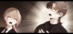1boy 1girl azumaya_haruka black_jacket black_necktie black_shirt braid brown_hair collared_shirt commentary_request ear_piercing earrings grey_eyes highres jacket jewelry kogure_ruka letterboxed long_hair necktie open_mouth piercing sakura_no_sekai shirt single_braid stud_earrings sweat tsuruse upper_body white_shirt wide-eyed