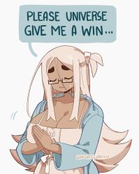 1girl :3 artist_name bakuatsukiyu blonde_hair blue_jacket bow breasts cleavage closed_eyes closed_mouth collarbone commentary dress english_commentary english_text hair_between_eyes highres jacket large_breasts long_hair long_sleeves oat_milk_(bakuatsukiyu) one_side_up original own_hands_together palms_together praying simple_background solo speech_bubble tears thick_eyebrows very_long_hair white_background white_bow