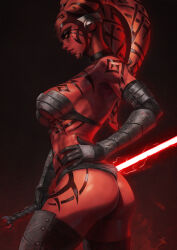 1girl absurdres alien black_bra black_gloves black_panties boots bra colored_skin darth_talon elbow_gloves energy_sword from_side gloves hand_on_own_hip highres holding holding_sword holding_weapon lightsaber monori_rogue panties red_lightsaber red_skin solo star_wars star_wars:_legacy sword tattoo thigh_boots twi&#039;lek underwear weapon