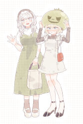 2girls \||/ absurdres arms_up bag black_shirt blonde_hair blush braid dress full_body green_dress grey_eyes grid_background hair_ornament hairband hand_up handbag hands_up high_heels highres holding holding_mask kirifuji_nozomi long_hair looking_at_viewer mask multiple_girls no_mask nose_blush oosuzuki_kurara red_bag revision shirt short_hair simple_background swtr_hndr the_hundred_line_-last_defense_academy- tomato twin_braids twitter_username unworn_mask waving white_background white_bag white_dress white_hair