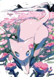 blue_eyes colored_skin field flower flower_field flower_on_head gen_1_pokemon highres legendary_pokemon mew_(pokemon) mountainous_horizon mythical_pokemon nintendo no_humans np_(0wzsyvlnp78) pink_skin pokemon pokemon_(creature) simple_bird