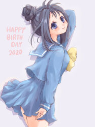 Rule 34 | 1girl, arm at side, arm up, black hair, blue eyes, blue sailor collar, blue serafuku, blue skirt, blue sleeve cuffs, bow, dated, hair bun, happy birthday, horizontal-striped sleeve cuffs, katagiri ayako, kirameki high school uniform, long sleeves, medium hair, sailor collar, school uniform, serafuku, skirt, smile, solo, striped sleeve cuffs, suzumimi, tokimeki memorial, tokimeki memorial 1, two-tone sleeve cuffs, yellow bow