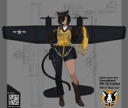 1girl absurdres aircraft airplane animal_ear_fluff animal_ears artist_name asymmetrical_legwear black_hair blue_pants blueprint_(object) blueprint_background bomber_jacket boots brown_boots brown_jacket cat_ears cat_tail commentary cowboy_boots dark-skinned_female dark_skin english_text first_aid_kit full_body hand_on_own_hip highres holding jacket life_vest long_sleeves looking_at_viewer mecha_musume mechanical_wings military military_vehicle original pants patch pby_catalina personification propeller scarf short_hair shoulder_patch smile solo tail twitter_username unit_patch vehicle_and_personification white_scarf wings yellow_eyes zerofid