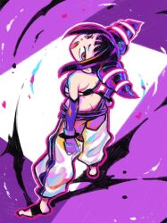 1girl abstract_background ass bad_tag baggy_pants black_hair blunt_bangs breasts butt_crack capcom dimples_of_venus drill_hair feet female female_focus fingerless_gloves full_body gloves han_juri hand_on_own_hip looking_back looking_up open_mouth pants red_eyes sideboob sidelocks solo standing street_fighter street_fighter_iv takumi_watanuki toes twin_drills