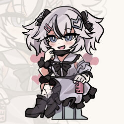 1girl absurdres alternate_costume black_bow black_bowtie black_eyes black_shoes bow bowtie camellya_(wuthering_waves) can chibi chibi_only commentary dress drink_can flareza grey_dress grey_hair hair_bow highres holding holding_can jirai_kei looking_at_viewer mask mask_pull mouth_mask multiple_hair_bows shoes short_hair short_twintails smile solo twintails wuthering_waves zoom_layer