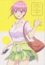 Rule 34 | 1girl, absurdres, bag, blue eyes, blush, breasts, brown bag, cellphone, cleavage, clothes around waist, collarbone, collared shirt, dot nose, english text, female focus, go-toubun no hanayome, handbag, highres, holding, holding phone, legs, looking at viewer, nakano ichika, official art, open mouth, phone, pink hair, school uniform, shirt, short hair, short sleeves, shoulder bag, smartphone, smile, solo, solo focus, sweater, sweater around waist, teeth, thighs, white shirt, yellow sweater