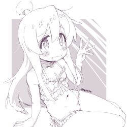 1girl :d ahoge arm_support bare_shoulders blush border breasts casual_one-piece_swimsuit collarbone covered_navel frilled_one-piece_swimsuit frills highres long_hair looking_at_viewer matado_(almukha) monochrome one-piece_swimsuit onii-chan_wa_oshimai! open_mouth outside_border oyama_mahiro simple_background sitting small_breasts smile solo swimsuit thighs twitter_username waving white_background