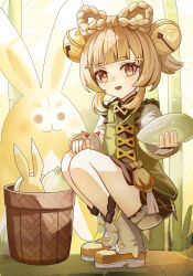 1girl absurdres bell bow bowtie brown_hair commentary dress from_side full_body genshin_impact hair_bell hair_ornament highres holding jingle_bell long_sleeves looking_at_viewer open_mouth orange_eyes radish shoes solo squatting wicker_basket wuzhihuijia yaoyao_(genshin_impact) yuegui_(genshin_impact)