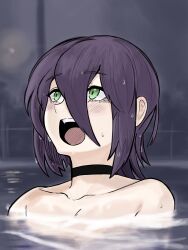 Rule 34 | 1girl, black choker, black hair, chainsaw man, choker, green eyes, hair between eyes, hashtag-only commentary, highres, medium hair, night, open mouth, outdoors, partially submerged, pool, reze (chainsaw man), solo, teeth, thebabalgam, upper teeth only, water, wet