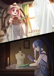 2girls apron asymmetrical_gloves beret blood blood_on_face blue_eyes blue_hair bridal_veil brown_apron candle commission crazy_smile crossed_out dress empty_eyes fate/grand_order fate_(series) fingerless_gloves gloves habetrot_(fate) hat highres long_hair medea_(fate) medea_lily_(fate) mismatched_gloves multiple_girls pink_hair pointy_ears ponytail red_eyes ruler second-party_source sewing shintyoi2 side_ponytail skeb_commission smile veil wedding_dress