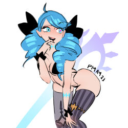1girl ahoge artist_name ass bikini black_bikini black_bow blue_hair bow breasts cleavage drill_hair finger_to_mouth gwen_(league_of_legends) hair_bow hair_ornament highres index_finger_raised league_of_legends long_hair medium_breasts open_mouth piyay23 skindentation smile solo striped_clothes striped_thighhighs swimsuit symbol-shaped_pupils teeth thighhighs twin_drills twintails upper_teeth_only vertical-striped_clothes vertical-striped_thighhighs