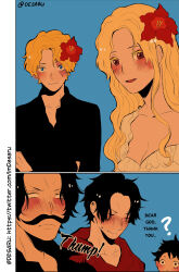 1girl 4boys ? absurdres black_hair black_shirt blank_eyes blonde_hair blue_background blue_eyes blush closed_eyes desaru eyelashes facial_hair father_and_son flower freckles gol_d._roger hair_flower hair_ornament hibiscus highres hood hoodie monkey_d._luffy mother_and_son multiple_boys mustache one_piece portgas_d._ace portgas_d._rouge red_hoodie sabo_(one_piece) scar scar_on_face shirt short_hair twitter_username