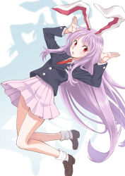 1girl animal_ears black_jacket black_shoes buttons commentary_request crescent crescent_pin full_body highres jacket knees komiru light_blush looking_to_the_side necktie open_mouth pink_hair pink_skirt pleated_skirt rabbit_ears rabbit_girl rabbit_pose red_eyes red_necktie reisen_udongein_inaba shadow shirt shoes skirt socks solo thighs touhou white_background white_shirt white_socks