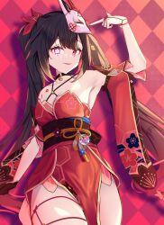 1girl absurdres amezato_noin argyle_background armpits bare_shoulders bell black_sash breasts brown_hair chest_tattoo cleavage commentary criss-cross_halter detached_sleeves dress finger_gun finger_gun_to_head flower-shaped_pupils fox_mask gloves hair_bell hair_ornament halterneck highres honkai:_star_rail honkai_(series) long_hair looking_at_viewer mark_under_both_eyes mask mask_on_head neck_bell o-ring obi red_background red_dress red_eyes red_nails red_sleeves sash seigaiha simple_background single_glove sleeveless sleeveless_dress smile solo sparkle_(honkai:_star_rail) symbol-shaped_pupils symbol_in_eye tattoo twintails