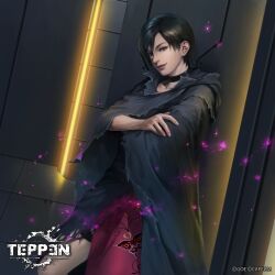 1girl ada_wong asian black_hair bug butterfly capcom chinese_clothes choker cloak crossed_arms dress highres hood hood_down insect official_art red_dress resident_evil resident_evil_4 shiyuu_(shiyu) short_hair smile teppen