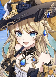 Rule 34 | 1girl, :d, absurdres, bare shoulders, black gloves, black hat, blonde hair, blue eyes, bow, commentary, dress, elbow gloves, genshin impact, gloves, hat, hat bow, highres, jewelry, long hair, looking at viewer, navia (genshin impact), open mouth, pendant, rishaku (user cuwx8758), smile, solo, strapless, strapless dress, upper body, white dress, yellow bow
