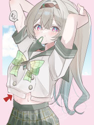 1girl absurdres black_hairband blue_pupils bow bowtie buttons chicanaction commentary_request double-breasted firefly_(honkai:_star_rail) firefly_(spring_missive)_(honkai:_star_rail) gradient_hair green_bow green_bowtie green_hair grey_hair grey_sailor_collar hair_tie_in_mouth hairband highres honkai:_star_rail honkai_(series) long_hair looking_at_viewer midriff mouth_hold multicolored_hair official_alternate_costume plaid_bow plaid_bowtie plaid_clothes pleated_skirt purple_eyes sailor_collar school_uniform shirt short_sleeves skirt solo translation_request two-tone_hair tying_hair watermark white_shirt