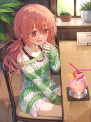1girl @_@ blush breasts cafe casual chair cofetaru collarbone commentary cowboy_shot crazy_straw day drink drinking_straw embarrassed eyelashes eyes_visible_through_hair hair_between_eyes hair_ornament heart heart_straw highres inaba_meguru indoors jewelry long_hair looking_down low_twintails necklace off-shoulder_sweater off_shoulder official_alternate_costume official_alternate_hairstyle on_chair open_mouth orange_hair plant potted_plant red_eyes sanoba_witch sitting skirt sleeves_past_wrists slice_of_life small_breasts solo striped_clothes striped_sweater sweatdrop sweater table tsurime twintails wavy_mouth white_skirt window