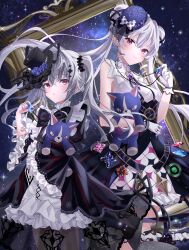 2girls absurdres acid_(maimai) age_comparison black_bow black_bowtie black_dress black_hat blush boater_hat bow bowtie breasts choumiryou doll double_bun dress floral_print flower frilled_dress frills gem gloves gothic_lolita grey_hair hair_bun hair_ornament hat highres holding holding_gem hugging_doll hugging_object jewelry layered_dress light_smile lolita_fashion long_hair long_sleeves maimai_(game) medium_breasts multiple_girls necklace picture_frame purple_eyes purple_flower purple_hat purple_rose rose rose_print see-through_dress_layer sky sleeveless sleeveless_dress sparkle star_(sky) starry_sky starry_sky_background twintails white_dress white_gloves