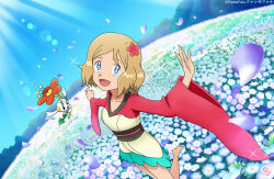 1girl artist_name barefoot blonde_hair blue_eyes breasts clenched_hand collarbone day eyelashes falling_petals fankifalu feet feet_up female_focus field floette flower flower_field gen_6_pokemon happy highres japanese_clothes kimono legs long_sleeves looking_at_viewer looking_up medium_hair neck nintendo obi official_alternate_costume official_alternate_hair_length official_alternate_hairstyle outdoors outstretched_arms petals pokemon pokemon_(anime) sash serena_(pokemon) sidelocks size_difference small_breasts soles sparkle sparkling_eyes spring_(season) standing standing_on_one_leg sunlight swept_bangs thighs toes v-neck wavy_hair wide_sleeves