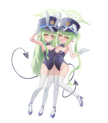 2girls absurdres alternate_costume animal_ears black_bow black_bowtie blue_archive bow bowtie breast_press breasts closed_mouth commentary_request demon_girl demon_tail fake_animal_ears full_body gloves green_halo grey_hair halo high_heels highres hikari_(blue_archive) leotard long_hair multiple_girls nozomi_(blue_archive) open_mouth playboy_bunny rabbit_ears shj1998z siblings sidelocks sisters small_breasts standing standing_on_one_leg symmetrical_docking tail thighhighs twins unfinished white_gloves white_thighhighs white_wrist_cuffs wrist_cuffs yellow_eyes