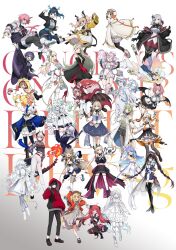 6+girls absurdres ahoge alba_sera amakomo_linon ameniwa_yae anew_uparu animal_ears anshinin_misa aomiya_yozuri aqua_hair asymmetrical_legwear audrey_mina bandaged_arm bandaged_horn bandaged_leg bandages bat_hair_ornament bird_hood black_hair blonde_hair blue_eyes blue_hair bow breast_zipper breasts broken_horn cotonoha detached_sleeves dog_ears dragon_girl dragon_horns dragon_tail dress earrings erai_amae flag fox_ears fox_tail full_body geppaku_lui glasses gloves green_eyes grey_hair hair_between_eyes hair_ornament hasumi_sahiro hat heterochromia highres hinahoshi_airu hisumi_(vtuber) hitoshiro_itsuki hiyori_chihiyo hood horns jacket jewelry kagase_uno kanra_deity kashi_otoha kitashirakawa_kakapo kokuyou_lira kujou_ringo light_brown_hair long_hair long_sleeves looking_at_viewer low_twintails luminous_sweet makicha_(sasurainopink) maru_nanamona medium_breasts mememori_an mew_garcia mini_hat mismatched_legwear multicolored_bow multicolored_hair multiple_boys multiple_girls one_eye_closed open_mouth orange_eyes oshiro_ito otokado_ruki pink_hair pink_shirt plaid_clothes plaid_skirt ponytail purple_eyes purple_hair red_eyes red_hair red_jacket shirt short_sleeves simple_background skirt small_breasts smile streaked_hair syusetu_kohaku tail tulsi_nightmare twintails ukiuki_unico vee_(vtuber) versen very_long_hair virtual_youtuber white_dress white_hair white_shirt yurikawa_yun