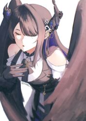 1girl absurdres asymmetrical_horns bare_shoulders bird_wings black_feathers black_hair black_wings blue_hair breasts clothing_cutout colored_inner_hair crystal_horns demon_horns feather-trimmed_jacket feathered_wings feathers flower gloves hair_ornament highres hololive hololive_english horn_flower horns large_breasts long_hair looking_at_viewer mole mole_under_eye multicolored_hair nerissa_ravencroft nerissa_ravencroft_(1st_costume) shirt shoulder_cutout soap_(sifxi_) solo two-tone_hair uneven_horns very_long_hair virtual_youtuber wings