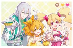 1boy 2girls :d belt blonde_hair bow choker closed_mouth cure_peach cure_pine double_v earrings fresh_precure! frilled_sleeves frills fur-trimmed_jacket fur_trim gloves gradient_background green_eyes grey_hair hair_between_eyes hair_bow hair_ornament heart heart_earrings heart_hair_ornament jacket jewelry long_sleeves looking_at_viewer multiple_girls one_side_up open_mouth orange_bow orange_choker orange_eyes pink_choker pink_eyes pink_wrist_cuffs precure puffy_short_sleeves puffy_sleeves short_hair short_sleeves smile souler_(fresh_precure!) sparkle sukehige teeth twintails upper_teeth_only v white_gloves white_jacket wrist_cuffs