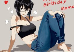 1girl absurdres arm_support black_hair breasts brown_eyes cleavage denim girls_und_panzer glasses happy_birthday highres jeans kawashima_momo large_breasts medium_hair navel pants simple_background strap_slip tank_top torn_clothes torn_jeans torn_pants totalmajorweeb