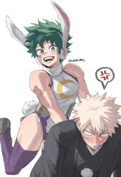 2boys anger_vein animal_ears artist_name bakugou_katsuki blank_eyes blonde_hair blush boku_no_hero_academia cosplay crossdressing freckles fur_collar green_eyes green_hair heattech_leotard highres izukkuns leotard looking_at_viewer male_focus midoriya_izuku mirko mirko_(cosplay) multiple_boys open_mouth purple_thighhighs rabbit_ears rabbit_tail red_eyes scar scar_on_arm scar_on_face short_hair simple_background sleeveless sleeveless_turtleneck sleeveless_turtleneck_leotard smile spiked_hair spoken_anger_vein superhero_costume tail thighhighs toned toned_male turtleneck white_background white_leotard