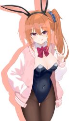 1girl :q alternate_costume alternate_hairstyle animal_ear_hairband animal_ears black_hairband black_leotard blue_scrunchie blush breasts brown_pantyhose candy chinoha_usagi cleavage closed_mouth commentary_request cowboy_shot detached_collar drop_shadow eyelashes eyes_visible_through_hair fake_animal_ears food groin hair_between_eyes hair_ornament hair_scrunchie hairband hand_in_pocket hand_up highleg highleg_leotard highres holding holding_candy holding_food holding_lollipop inaba_meguru jacket leotard letterman_jacket lollipop long_hair long_sleeves looking_at_viewer medium_breasts navel open_clothes open_jacket pantyhose pink_jacket playboy_bunny rabbit_ears red_eyes sanoba_witch scrunchie side_ponytail sidelocks simple_background smile solo split_mouth strapless strapless_leotard thigh_gap tongue tongue_out white_background white_sleeves