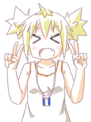 Rule 34 | 1girl, asano yagura, blonde hair, breasts, closed eyes, double v, fang, highres, medium hair, open mouth, peace symbol, shakunetsu no takkyuu musume, simple background, small breasts, solo, tenka hanabi, v, white background
