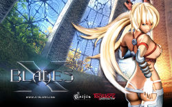 1girl 3d aqua_eyes ass ayumi_(x-blades) blonde_hair blue_eyes boots breasts butt_crack covering_breasts covering_privates dark-skinned_female dark_skin eyelashes female_focus grin highres leaf long_hair looking_back medium_breasts nipples panties plant quad_tails sitting smile solo tan thong topless_female tree tri_tails underwear very_long_hair vines window x-blades