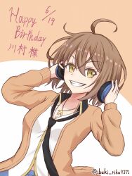 Rule 34 | 1girl, :d, adjusting headphones, ahoge, assault lily, black necktie, blue skirt, breasts, brown background, brown cardigan, brown hair, buttons, cardigan, character name, cleavage, collarbone, commentary request, grin, hair between eyes, hands up, happy birthday, headphones, highres, holding, holding headphones, ibuki riku, jewelry, kawamura yuzuriha, long sleeves, looking at viewer, loose necktie, medium breasts, necklace, necktie, odaiba girls high school uniform, open cardigan, open clothes, open mouth, partially unbuttoned, pendant, school uniform, shirt, short hair, skirt, smile, solo, translated, twitter username, two-tone background, upper body, v-shaped eyebrows, white background, white shirt, yellow eyes