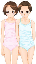 1girl arms_behind_back blue_camisole blue_panties blush breasts brown_eyes brown_hair cameltoe camisole collarbone crotch_seam dedenden_(pixiv30568724) looking_at_viewer looking_up open_mouth original panties pink_camisole pink_panties short_hair small_breasts smile standing underwear white_background