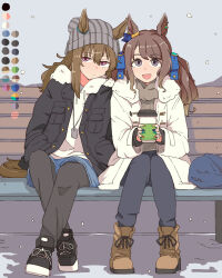 Rule 34 | 2girls, :d, alternate costume, animal ears, beanie, bench, black pants, black shoes, blue ribbon, blue shorts, boots, brown boots, brown hair, coat, color guide, cup, disposable coffee cup, disposable cup, dog tags, ears through headwear, grey eyes, grey sweater, hair between eyes, hair ribbon, hat, holding, holding cup, horse ears, horse girl, horse tail, long hair, long sleeves, looking at viewer, multiple girls, nakayama festa (umamusume), open mouth, pants, purple eyes, ribbon, shoes, shorts, sitting, smile, sweater, tail, toriga naku, tosen jordan (umamusume), twintails, umamusume, white coat, white sweater