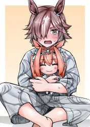 1girl ^_^ animal_ears blush brown_hair character_doll closed_eyes commentary_request daiwa_scarlet_(umamusume) doll ear_ornament embarrassed grey_kimono hair_intakes hair_over_one_eye highres holding holding_doll horse_ears horse_girl indian_style japanese_clothes kimono multicolored_hair open_mouth orange_hair sitting solo streaked_hair stuffed_toy sweat tadd_(tatd) umamusume vodka_(umamusume) white_hair yellow_eyes yukata