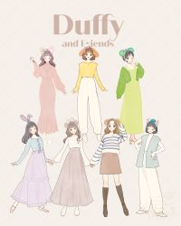 6+girls absurdres animal_ears animification bear_ear_hairband bear_ears brown_hair cookieann duffy_and_friends duffy_the_disney_bear full_body gelatoni genderswap hat highres humanization linabell long_hair looking_at_viewer meecosme multiple_girls olu_mel shelliemay shirt short_hair skirt smile stellalou sweater