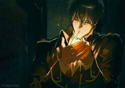 1boy black_hair black_jacket cigarette closed_mouth commentary dark eggpongg expressionless gintama hair_between_eyes half-closed_eyes high_collar highres hijikata_toushirou holding holding_lighter jacket lighter male_focus mouth_hold short_hair solo twitter_username upper_body