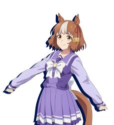 1girl animal_ears belno_light_(umamusume) bow bowtie brown_hair ear_ornament ear_ribbon hair_ornament highres horse_ears horse_girl horse_tail letter_hair_ornament long_sleeves looking_at_viewer official_art pleated_skirt purple_serafuku purple_shirt purple_skirt sailor_collar sailor_shirt school_uniform serafuku shadow shirt short_hair skirt solo tail tracen_school_uniform transparent_background umamusume umamusume:_cinderella_gray white_bow white_bowtie white_hair