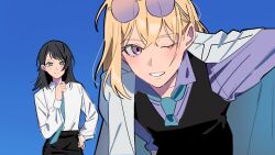 Rule 34 | 2girls, bang dream!, bang dream! it&#039;s mygo!!!!!, black hair, black vest, blonde hair, blue background, blue necktie, commentary request, eyewear on head, hand on own hip, highres, jacket, jacket on shoulders, medium hair, misumi uika, multiple girls, nanami (nunnun 0410), necktie, one eye closed, open mouth, parody request, purple eyes, purple shirt, shirt, simple background, vest, white shirt, yahata umiri