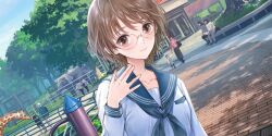 1other 2girls 5boys animal bench blue_reflection_(series) blue_reflection_sun blue_sailor_collar blue_sky brick_road brown_eyes brown_hair building closed_mouth day dutch_angle elephant game_cg giraffe glasses hand_up highres kishida_mel looking_at_viewer multiple_boys multiple_girls non-web_source official_art outdoors railing sailor_collar school_uniform serafuku shirt sky smile solo_focus takaoka_yukiko tree upper_body white_shirt zoo