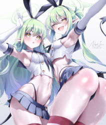 2girls absurdres animal_ear_hairband animal_ears arched_back armpits arms_up ass bare_shoulders black_neckerchief black_panties black_tail blue_archive blue_sailor_collar blue_skirt blush breasts buttons commentary_request cosplay cropped_shirt elbow_gloves fake_animal_ears fang from_below gloves green_hair green_halo hair_between_eyes hairband halo hand_up highleg highleg_panties highres hikari_(blue_archive) huge_ass kantai_collection long_hair looking_ahead microskirt multiple_girls naval_cat_holiday navel neckerchief nozomi_(blue_archive) open_mouth panties pointy_ears rabbit_ear_hairband rabbit_ears red_thighhighs sailor_collar shimakaze_(kancolle) shimakaze_(kancolle)_(cosplay) shirt siblings signature simple_background sisters skin_fang skirt sleeveless sleeveless_shirt small_breasts striped_clothes striped_thighhighs thighhighs thong twins twintails underwear white_background white_gloves white_shirt yellow_eyes
