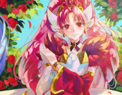 1girl akagi_towa blue_sky bracelet choker collarbone cure_mermaid cure_scarlet day detached_sleeves earrings flower go!_princess_precure grin jewelry kaidou_minami long_hair long_sleeves looking_at_viewer nani_(s2_nani) outdoors petals pointy_ears precure purple_ribbon red_eyes red_flower red_hair red_rose red_sleeves ribbon ribbon_choker rose sky smile solo upper_body very_long_hair wide_sleeves