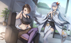 2girls :o ^_^ alternate_hair_length alternate_hairstyle artist_name azur_lane belt_pouch black_gloves black_tank_top black_visor blue_sky blush breasts brown_hair chair closed_eyes clothes_writing collarbone commentary commission covered_erect_nipples crop_top day feet_out_of_frame flower gloves grass hair_ornament hand_on_own_head hand_up hands_on_own_chest helmet highres indoors japanese_clothes jumpsuit kanzashi kimono large_breasts linea_alba long_hair long_sleeves midriff mole mole_under_eye multiple_girls navel no_gloves official_alternate_costume one_side_up open_jumpsuit open_mouth own_hands_together parted_bangs plant potted_plant pouch purple_jumpsuit racing_suit railing scissors severed_hair shoukaku_(azur_lane) sitting sky skyde_kei smile stairs standing tank_top thighhighs tree tsumami_kanzashi very_long_hair white_hair white_kimono white_thighhighs wide_sleeves wind wind_lift window yellow_eyes zuikaku_(azur_lane) zuikaku_(zoom_like_the_wind)_(azur_lane)