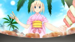 10s 1girl blonde_hair blue_eyes food game_cg grill highres kagurazaka_namine koutaro long_hair palm_tree tree tropical_kiss tropical_vacation twinkle_(company)