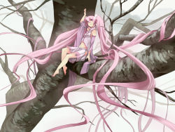 Rule 34 | 1girl, alternate color, alternate hair color, barefoot, detached sleeves, female focus, hatsune miku, in tree, long hair, navel, necktie, nemeko, pink eyes, pink hair, sakura miku, sitting, sitting in tree, skirt, smile, solo, tree, twintails, very long hair, vocaloid