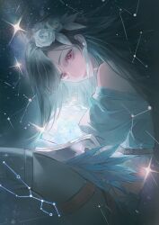1girl absurdres bare_shoulders birthday black_hair closed_mouth commentary constellation cropped_shirt earrings english_commentary eyelashes feather_earrings feathers feet_out_of_frame final_fantasy final_fantasy_vii final_fantasy_vii_ever_crisis flower from_side hair_flower hair_ornament highres jewelry lips long_hair looking_at_viewer looking_to_the_side off-shoulder_shirt off_shoulder official_alternate_costume ow8913596238989 pink_lips red_eyes shirt solo sparkle tifa_lockhart tifa_lockhart_(feather_style) white_feathers white_flower white_shirt